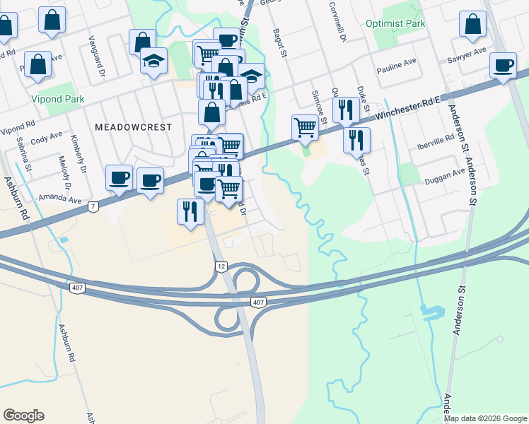 map of restaurants, bars, coffee shops, grocery stores, and more near 51 Tempo Way in Whitby