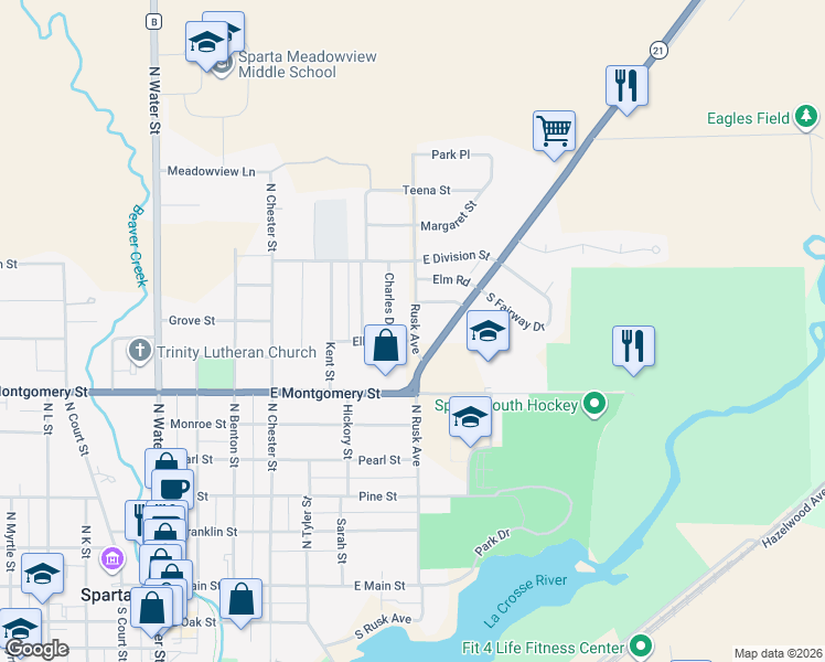map of restaurants, bars, coffee shops, grocery stores, and more near 704 Rusk Avenue in Sparta