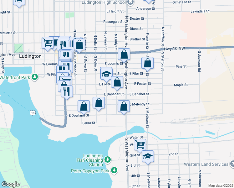 map of restaurants, bars, coffee shops, grocery stores, and more near 602 East Danaher Street in Ludington