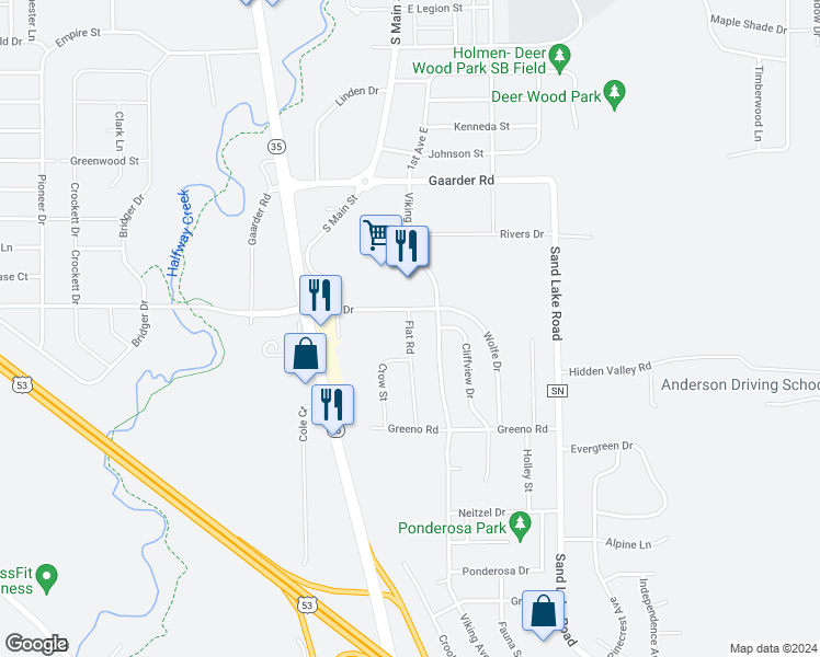 map of restaurants, bars, coffee shops, grocery stores, and more near 1513 Flat Road in Holmen