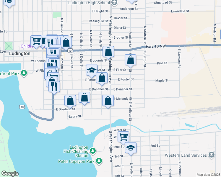 map of restaurants, bars, coffee shops, grocery stores, and more near 714 East Danaher Street in Ludington