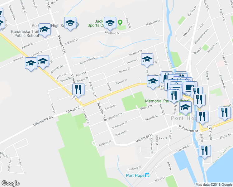 map of restaurants, bars, coffee shops, grocery stores, and more near 239 Ridout Street in Port Hope