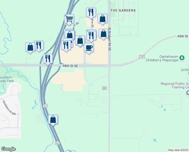 map of restaurants, bars, coffee shops, grocery stores, and more near 4840 Maine Avenue Southeast in Rochester