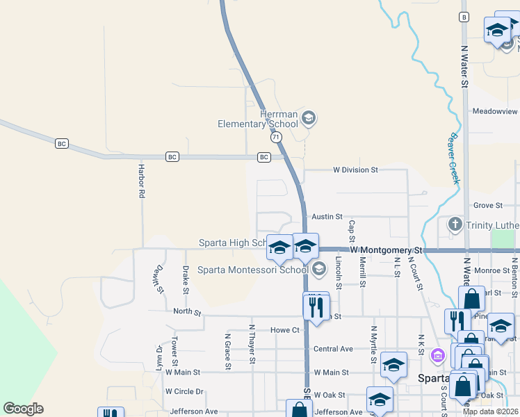 map of restaurants, bars, coffee shops, grocery stores, and more near 922 Williams Street in Sparta