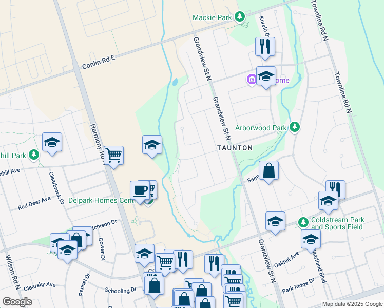 map of restaurants, bars, coffee shops, grocery stores, and more near in Oshawa
