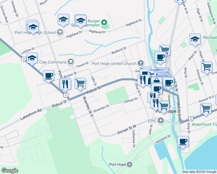 map of restaurants, bars, coffee shops, grocery stores, and more near 221 Walton Street in Port Hope