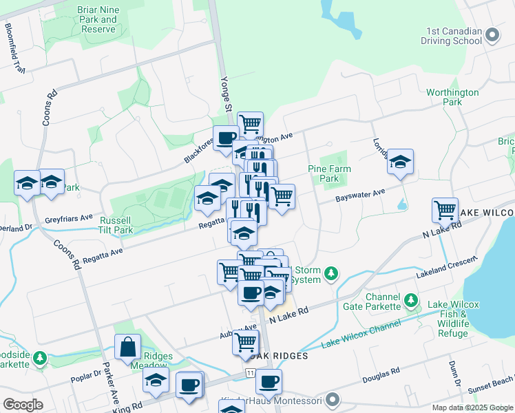 map of restaurants, bars, coffee shops, grocery stores, and more near 13291 Yonge Street in Richmond Hill