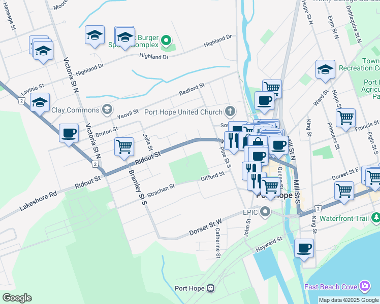 map of restaurants, bars, coffee shops, grocery stores, and more near 185 A Walton Street in Port Hope