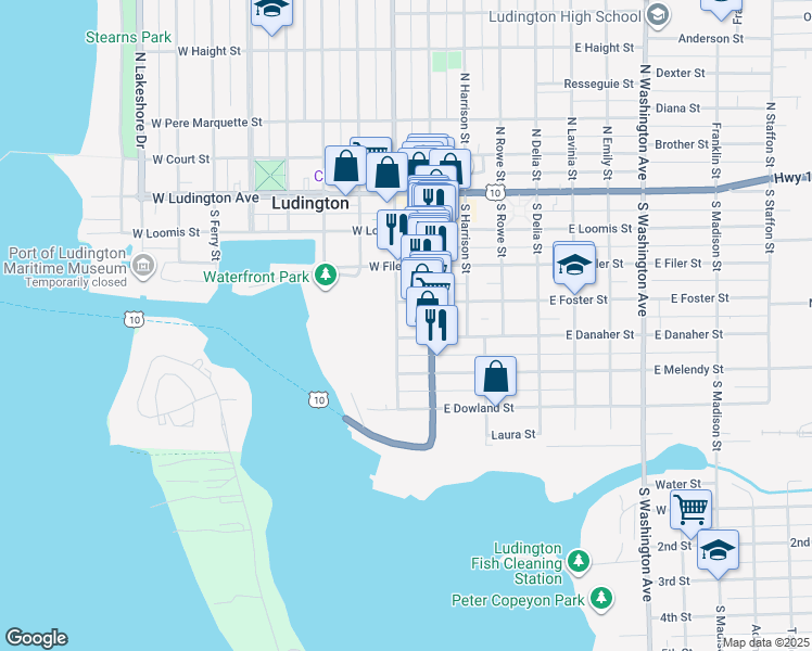 map of restaurants, bars, coffee shops, grocery stores, and more near 400 South Rath Avenue in Ludington