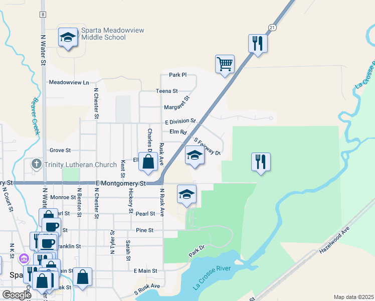 map of restaurants, bars, coffee shops, grocery stores, and more near 712 Birdie Court in Sparta