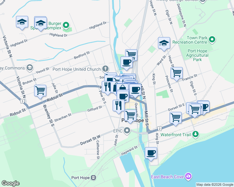 map of restaurants, bars, coffee shops, grocery stores, and more near 113 Walton Street in Port Hope