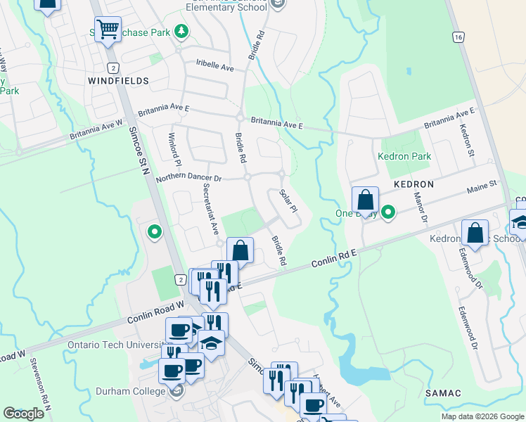 map of restaurants, bars, coffee shops, grocery stores, and more near 2101 Bridle Road in Oshawa