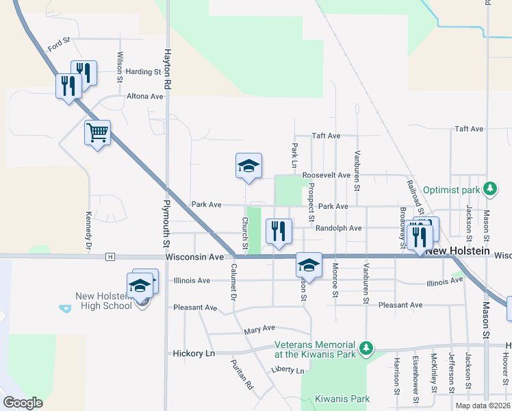 map of restaurants, bars, coffee shops, grocery stores, and more near 2226 Park Avenue in New Holstein
