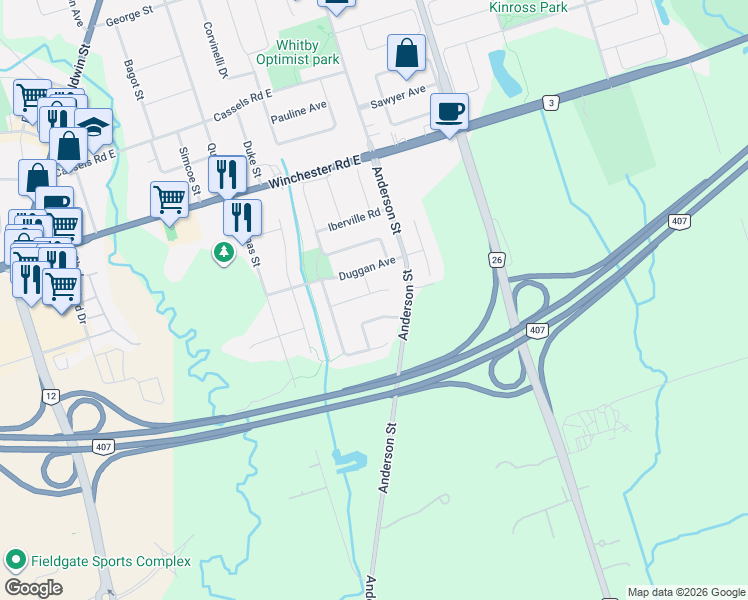 map of restaurants, bars, coffee shops, grocery stores, and more near 33 Clair Avenue in Whitby