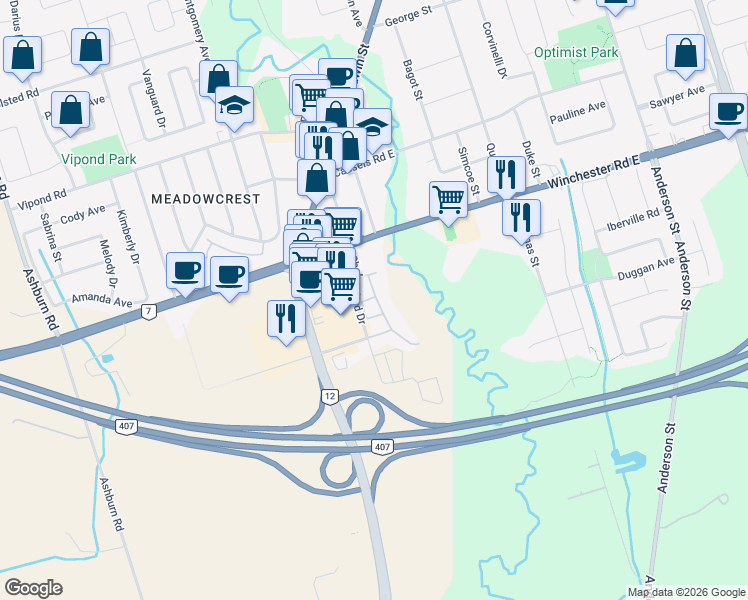 map of restaurants, bars, coffee shops, grocery stores, and more near 51 Tempo Way in Whitby