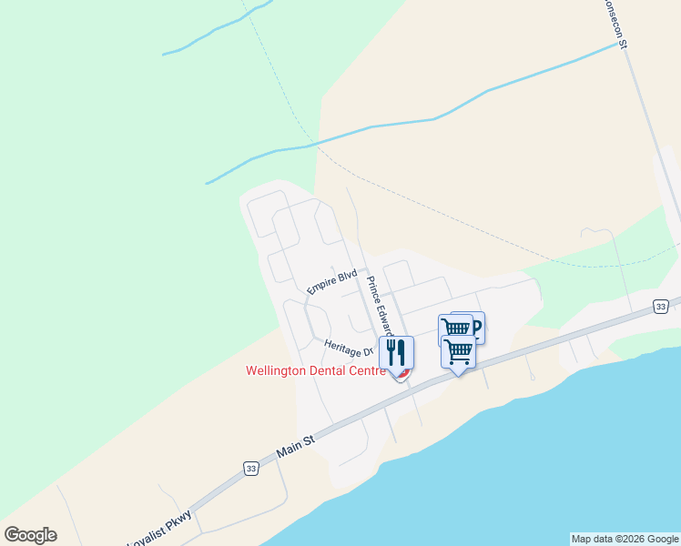 map of restaurants, bars, coffee shops, grocery stores, and more near 1 Quaker Court in Prince Edward County