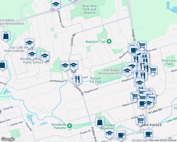 map of restaurants, bars, coffee shops, grocery stores, and more near 64 Blackforest Drive in Richmond Hill