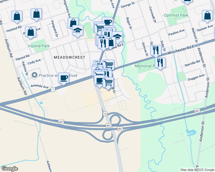 map of restaurants, bars, coffee shops, grocery stores, and more near 5969 Baldwin Street South in Whitby