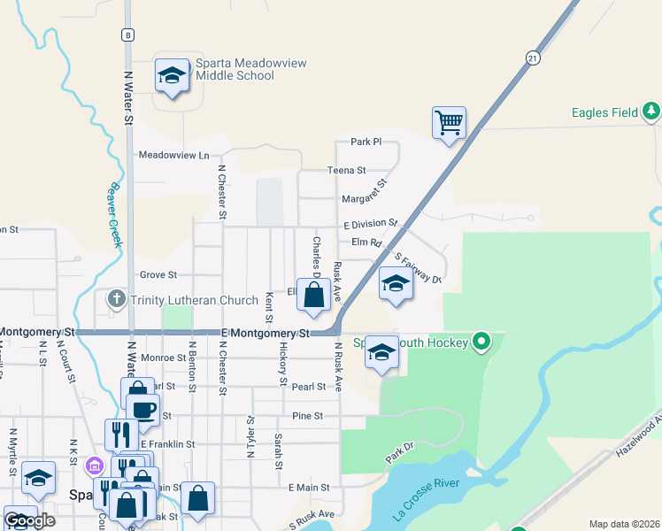 map of restaurants, bars, coffee shops, grocery stores, and more near 704 Rusk Avenue in Sparta