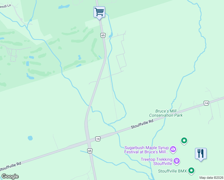 map of restaurants, bars, coffee shops, grocery stores, and more near Warden Lane in Whitchurch-Stouffville