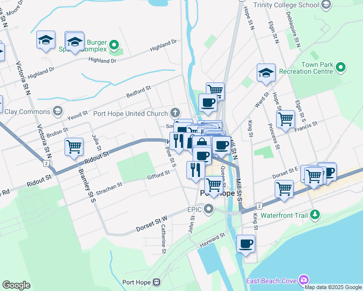 map of restaurants, bars, coffee shops, grocery stores, and more near Walton Street in Port Hope
