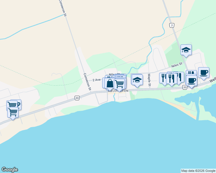 map of restaurants, bars, coffee shops, grocery stores, and more near 37 West Street in Prince Edward County