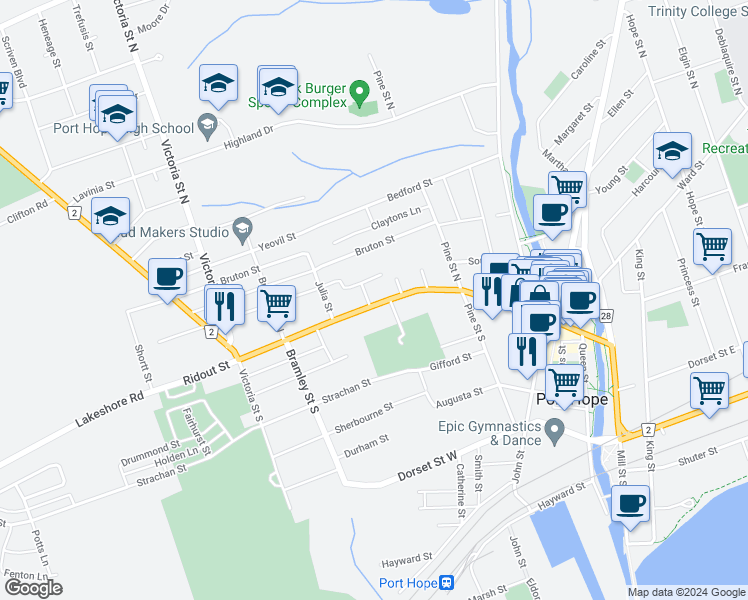 map of restaurants, bars, coffee shops, grocery stores, and more near 224 Walton Street in Port Hope