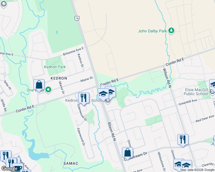 map of restaurants, bars, coffee shops, grocery stores, and more near 555 Conlin Road East in Oshawa