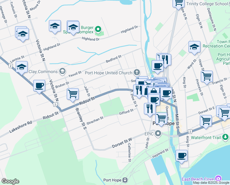 map of restaurants, bars, coffee shops, grocery stores, and more near 185 Walton Street in Port Hope