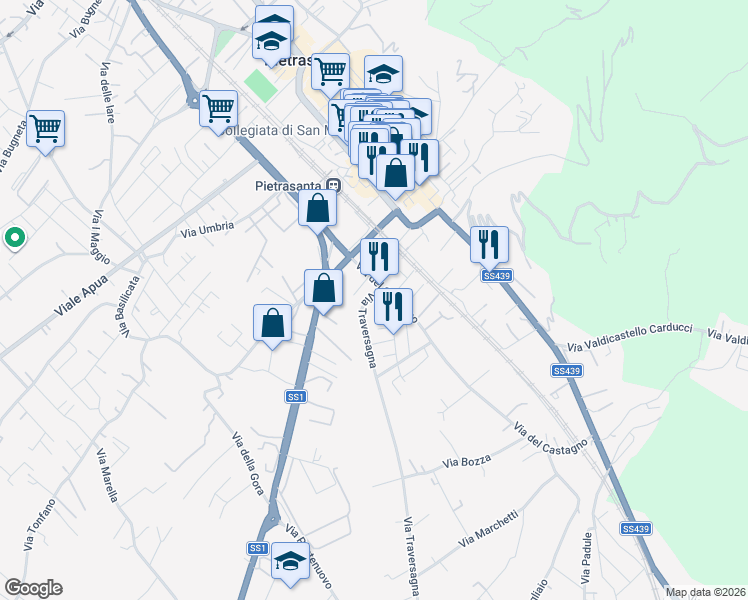 map of restaurants, bars, coffee shops, grocery stores, and more near 13 Via del Castagno in Pietrasanta