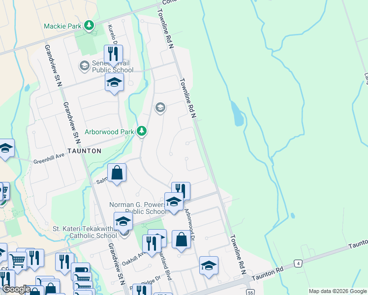 map of restaurants, bars, coffee shops, grocery stores, and more near 1617 Kitchen Court in Oshawa