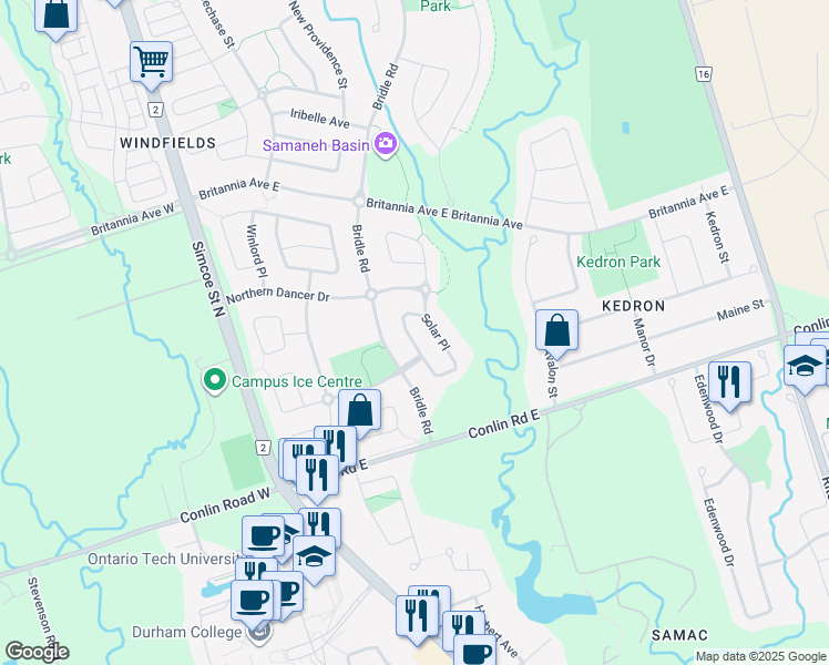 map of restaurants, bars, coffee shops, grocery stores, and more near 1990 Solar Place in Oshawa
