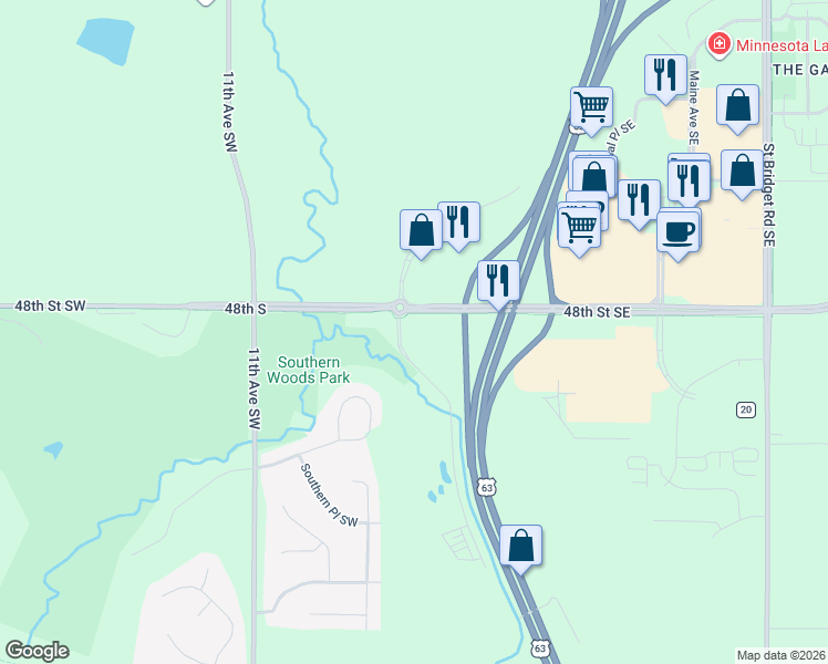 map of restaurants, bars, coffee shops, grocery stores, and more near 48th St SW in Rochester