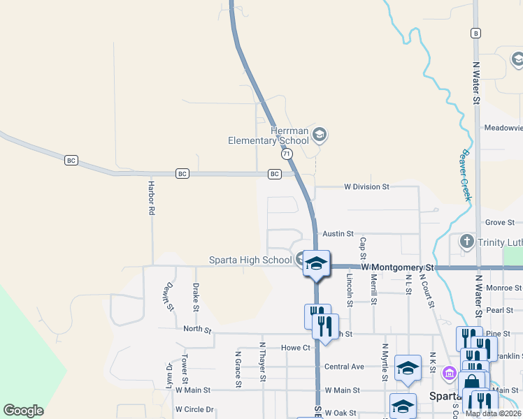 map of restaurants, bars, coffee shops, grocery stores, and more near 920 Goodman Court North in Sparta