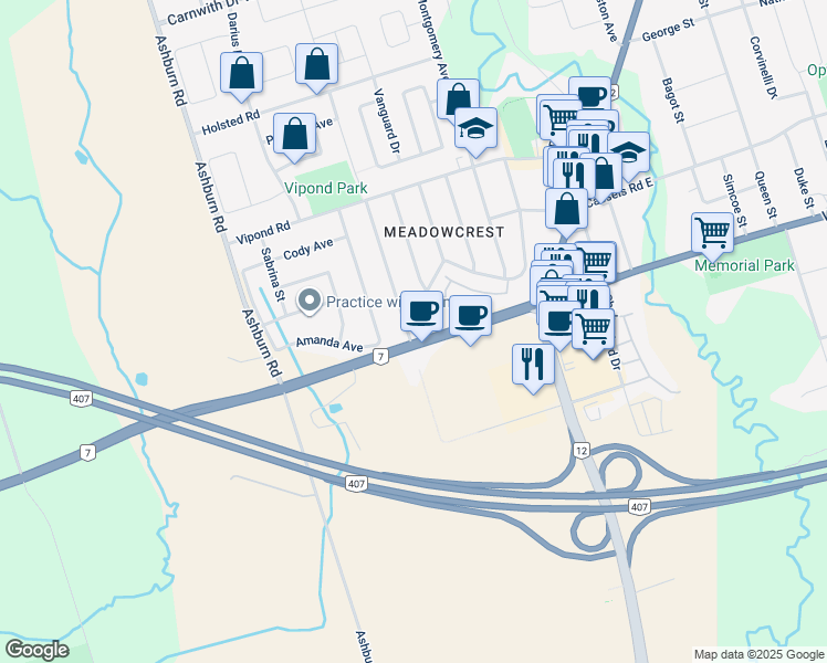map of restaurants, bars, coffee shops, grocery stores, and more near 15 Ferguson Avenue in Whitby