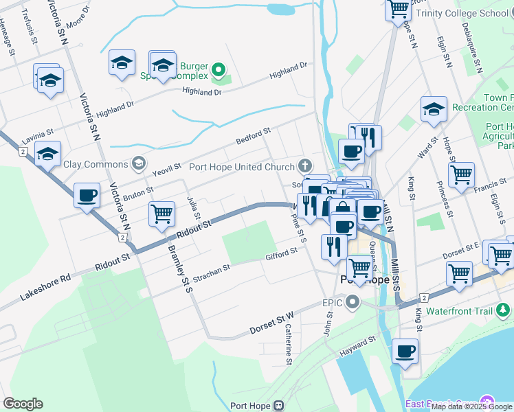 map of restaurants, bars, coffee shops, grocery stores, and more near 185 Walton Street in Port Hope