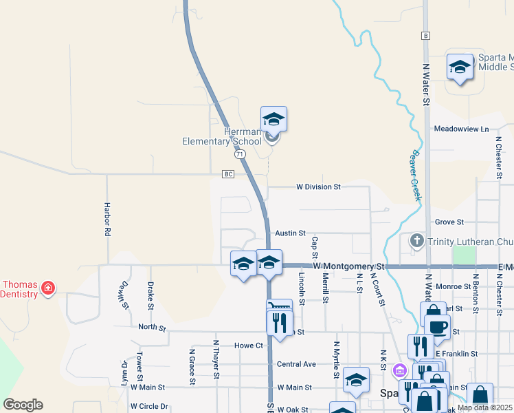 map of restaurants, bars, coffee shops, grocery stores, and more near 831 Goodman Court East in Sparta