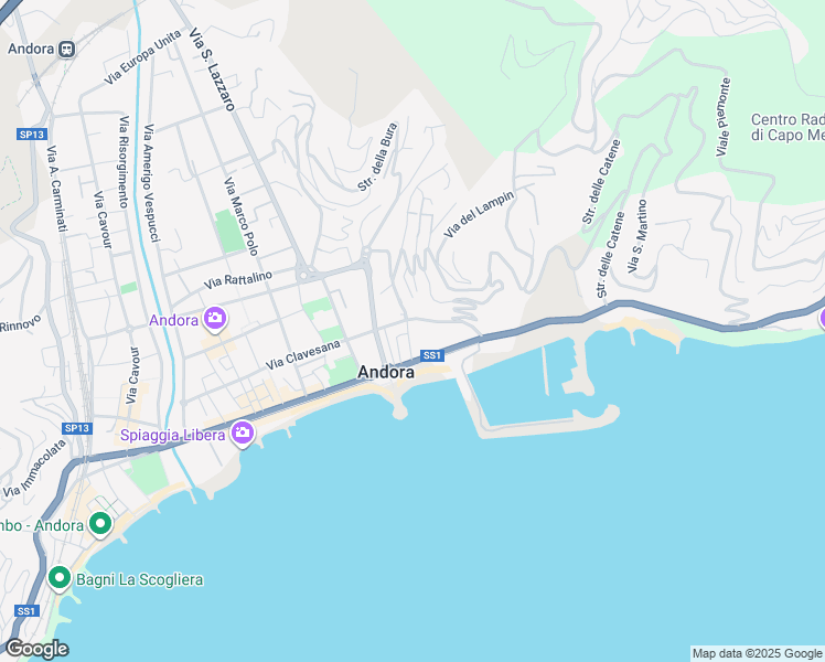 map of restaurants, bars, coffee shops, grocery stores, and more near 20 Via Clavesana in Marina di Andora