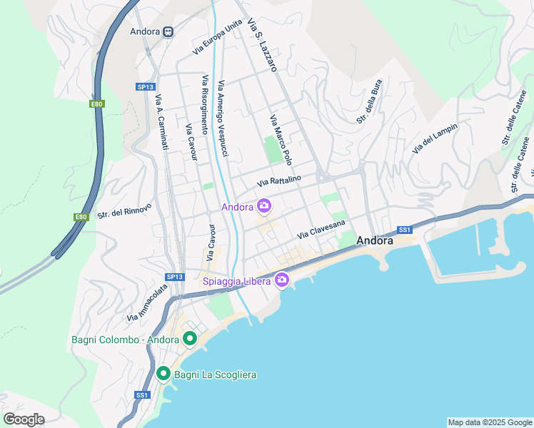 map of restaurants, bars, coffee shops, grocery stores, and more near 19 Via Cristoforo Colombo in Marina di Andora