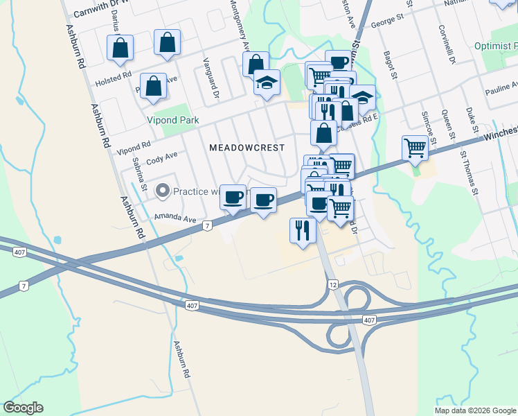 map of restaurants, bars, coffee shops, grocery stores, and more near 60 Highway 7 in Whitby