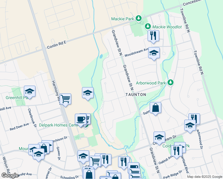 map of restaurants, bars, coffee shops, grocery stores, and more near 1797 Douglas Langtree Drive in Oshawa