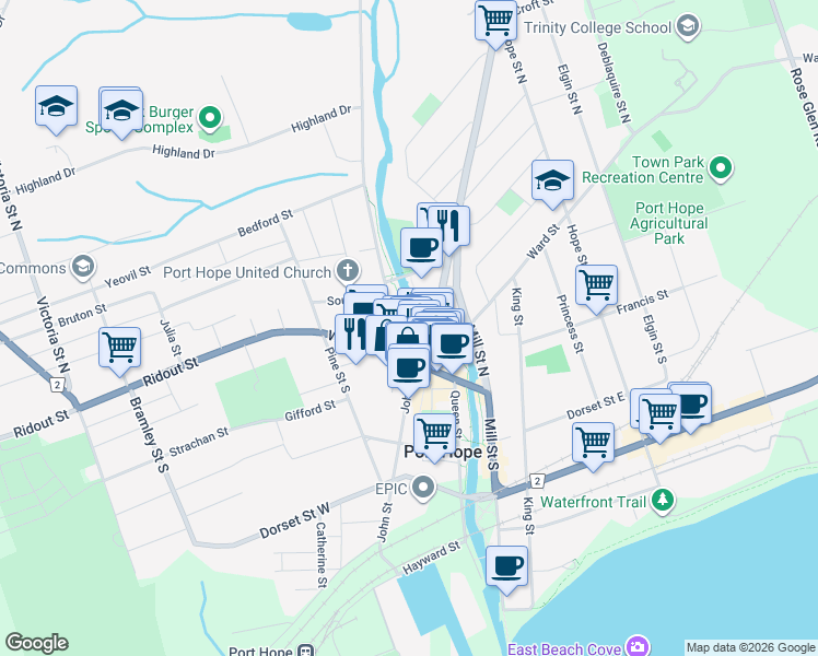 map of restaurants, bars, coffee shops, grocery stores, and more near 15 Cavan Street in Port Hope