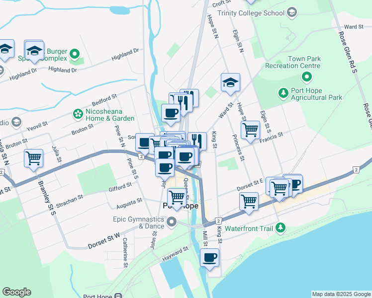 map of restaurants, bars, coffee shops, grocery stores, and more near in Port Hope