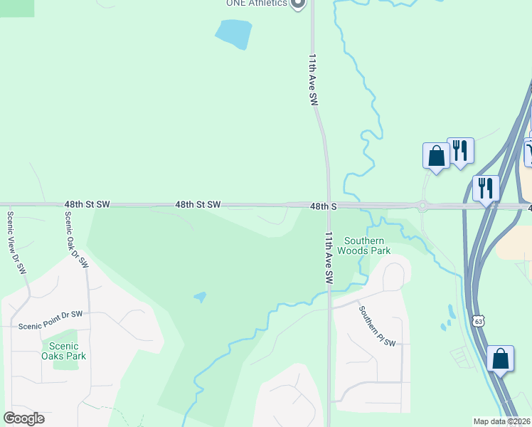 map of restaurants, bars, coffee shops, grocery stores, and more near 4911 Tee Court Southwest in Rochester