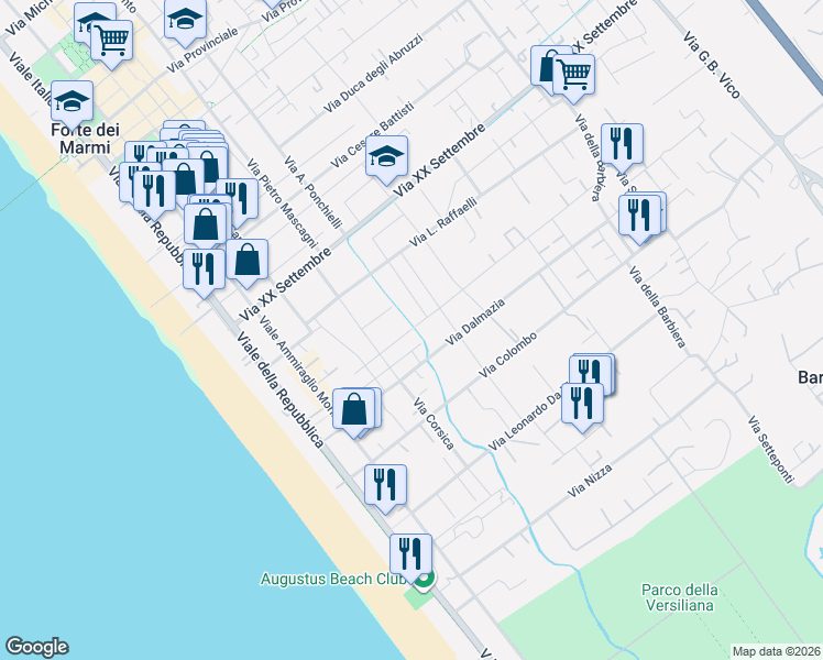 map of restaurants, bars, coffee shops, grocery stores, and more near 44 Via A. Manzoni in Forte dei Marmi