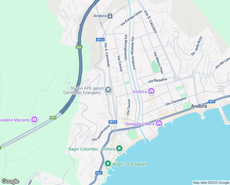 map of restaurants, bars, coffee shops, grocery stores, and more near 110 Via A. Carminati in Marina di Andora