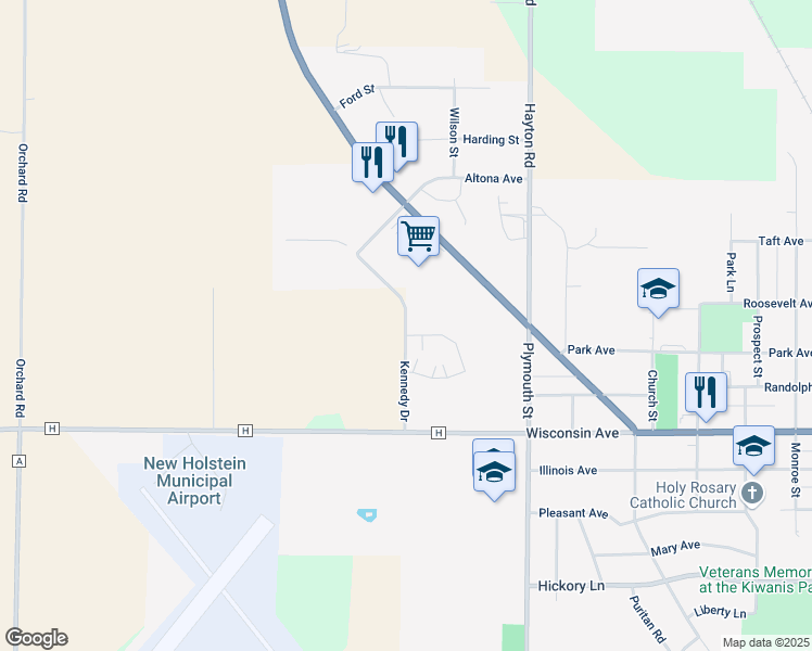 map of restaurants, bars, coffee shops, grocery stores, and more near Kennedy Dr in New Holstein