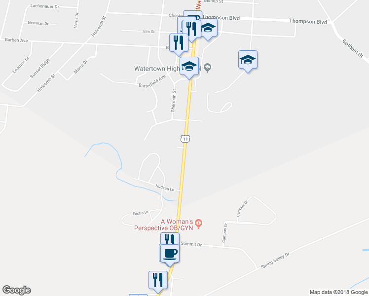 map of restaurants, bars, coffee shops, grocery stores, and more near 1501 Washington Street in Watertown