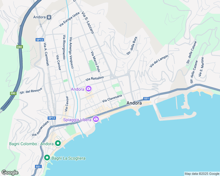 map of restaurants, bars, coffee shops, grocery stores, and more near 3 Via dei Mille in Marina di Andora