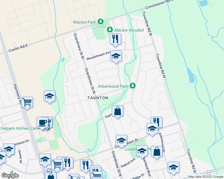 map of restaurants, bars, coffee shops, grocery stores, and more near 1762 Esterbrook Drive in Oshawa